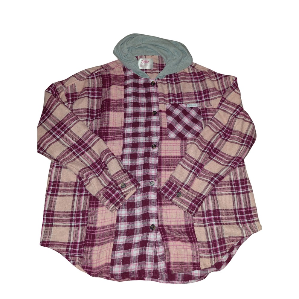 Justice Girls XL 16/18 Plaid Hooded Flannel Shirt Pink Burgundy Long Sleeve